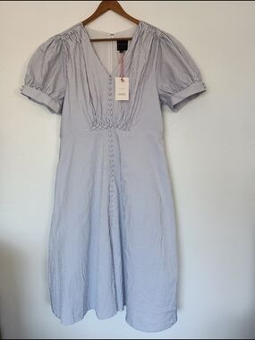 Alex Marie Navy & White Striped Midi Dress with Puff Sleeves
